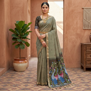 Sari traditionnel en coton avec tissage à motif paon pour femmes, idéal pour les mariages et les festivals, style indien - Product Image 1