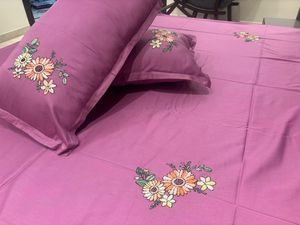 Sunflower Floral Design Wine Color Embroidered Cotton Bedsheet <b>Set</b> Soft Luxury <b>Bedding</b> <b>Set</b> Queen Size High Quality - Product Image 3