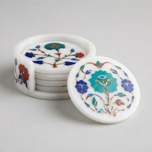 Sous-verres ronds faits à la main avec incrustation de nacre, lot de 6, design moderne et coloré, avec support de rangement, diamètre 10 cm, REHMAN CRAFT - Product Image 5