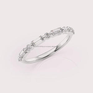 Minimalist Baguette and Round Moissanite Diamond Wedding Band in 14K Yellow Gold Stackable Anniversary <b>Ring</b> for Women - Product Image 3