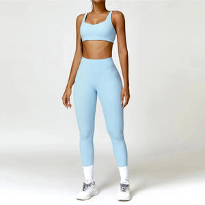 Ensemble de sport 2 pièces respirant et sans coutures pour femme : Legging taille haute et soutien-gorge de sport à taille élastique, couleur unie, pour fitness et yoga - Product Image 6