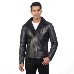 Veste en cuir noire pour homme avec doublure, fermeture éclair, col rabattable, coupe-vent, vêtements d'hiver - Product Image 2