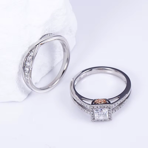 Princess Cut Diamond Engagement Ring Set 18K Gold Rhodium Plated Pave Setting Geometric Classic Style Unisex - Product Image 3
