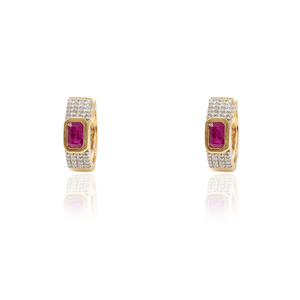 14K <b>Solid</b> <b>Gold</b> <b>Huggie</b> Hoop Earrings with Ruby and VS1 Diamond - Product Image 3