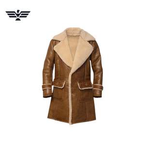 Veste longue en cuir véritable pour homme, doublure en fausse fourrure, col montant, respirante, fermeture éclair, coupe-vent, style moto urbain pour l'hiver - Product Image 3