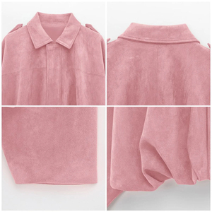 Chaqueta Blusón de Motociclista para Mujer, Color Rosa Bebé, Cuero Genuino, Manga Larga, Hombros Caídos, Cuello Camisero, Color Sólido, Transpirable - Product Image 3