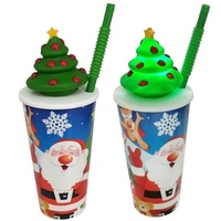 Tasses écologiques 660 ml en plastique PP sans BPA avec étiquette moulée, motif sapin de Noël 3D, pour cadeaux de fête pour enfants, avec couvercle et paille, 22 oz