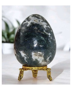 Figura de Ágata Musgosa Pulida en Forma de Huevo sobre Base Dorada, Adorno de Piedra Ovalada para Decoración del Hogar y Colección - Product Image 3