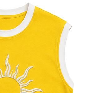 Camiseta sin Mangas Amarilla con Diseño de Sol Bordado en Blanco, Chaleco Casual de Verano para Mujer, Cuello Redondo, Tops de Moda Personalizados OEM - Product Image 6