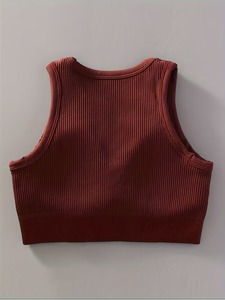 Débardeur de sport côtelé pour femme avec fente frontale, soutien-gorge de compression intégré, coussinets amovibles, idéal pour l'entraînement aérobie et la performance - Product Image 6