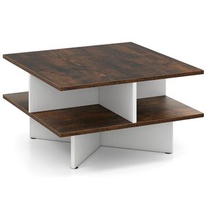 Tavolino da Salotto Durevole a 2 Livelli con Design Quadrato, Tavolo Laterale in Legno con 4 Scomparti Portaoggetti, Materiale in Vetro e Pietra Sinterizzata - Product Image 4