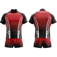 Tenue de rugby unisexe de haute qualité avec logo personnalisé sublimé, manches courtes, tissu polyester respirant, uniforme sportif rouge et noir