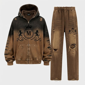 Ensemble de survêtement pour homme, marron dégradé, à capuche, style vintage, avec fermeture éclair, 100% coton, streetwear, 450 g/m², coupe adulte - Product Image 1