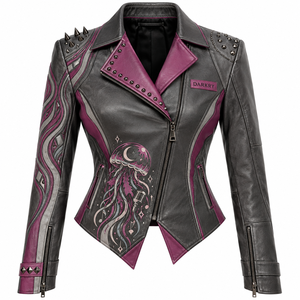 Customized <b>Women</b> Real Leather Dark Grey Asymmetric Biker Jacket Metal Studded Gothic <b>Outerwear</b> Coat - Product Image 1