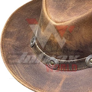 Wholesale Genuine Leather Cowboy <b>Hats</b> <b>Western</b> Ranch Brown Cowhide <b>Hat</b> with Metal Conchos Unisex Cowboy <b>Hats</b> - Product Image 5