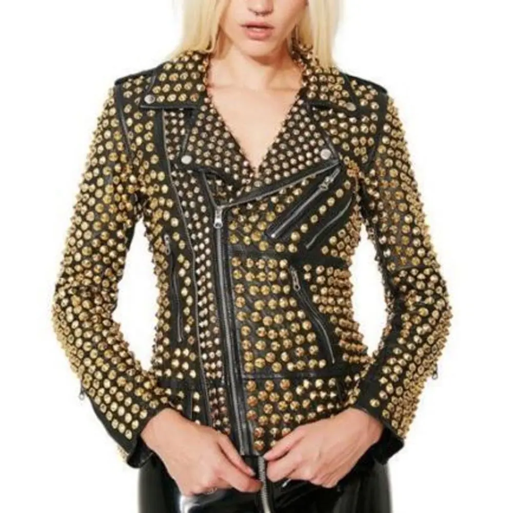 2023 New Winter Women Genuine PU Leather Steel-Spikes Design Sheepskin Custom Golden-Color Wholesale Winter Fashion Jackets