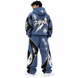 Ensemble de survêtement graphique 2 pièces bleu pour homme – Hoodie zippé et pantalon de survêtement ample avec empiècements contrastants et imprimé étoiles – Style streetwear – Fournisseur de logos personnalisés - Product Image 2