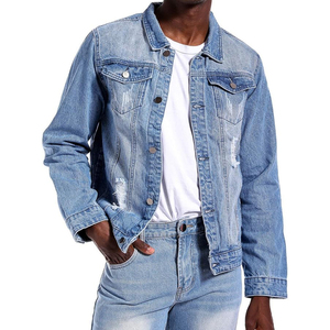 Veste en jean bleu clair pour homme, style décontracté, col rabattu, détails effilochés, simple boutonnage, coupe classique, style printemps - Product Image 5