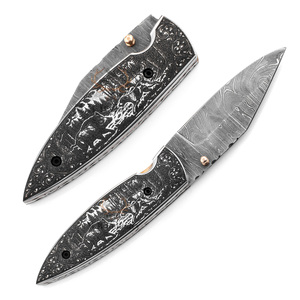 Couteau pliant de camping en acier Damas de qualité industrielle OEM personnalisé - Lame droite gravée au laser, manche en os de chameau 0,5 mm - Product Image 5