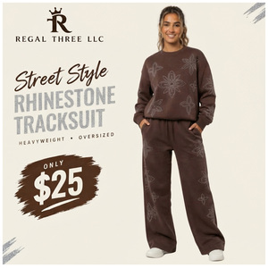 Conjunto de chándal de mujer oversize con estampado de pedrería, sudadera de cuello redondo y manga larga, y pantalón de chándal de pierna ancha, estilo streetwear de tejido grueso - Product Image 1