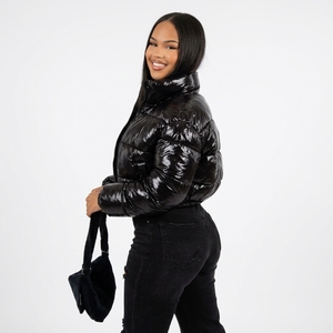 <b>Black</b> Quilted Puffer Jacket With Stand Collar Full Sleeve Zipper Closure <b>Winter</b> <b>Coat</b> For <b>Women</b> Solid Color Polyester Wadding - Product Image 2