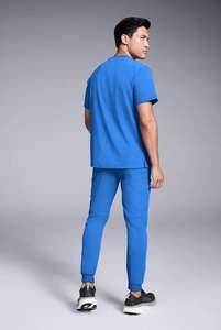 Ensemble de tenue médicale unisexe en tissu Spandex/Polyester bleu, pantalon et haut avec poches, détection d'aiguilles, thermocollage sans couture - Product Image 3