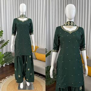 Conjunto de Top y Pantalones Palazzo de Crepé Reversible de Secado Rápido y Elástico TENNECY, Ropa India para Mujer, Conjunto con Dupatta para Boda/Uso Casual - Product Image 3