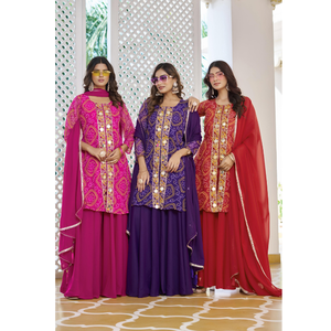 Conjunto de Kurta y Palazzo Rojos Bordados Tradicionales para Mujer – Ropa para Festivales y Fiestas - Product Image 5