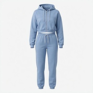 Ensemble jogging et sweat à capuche court personnalisé pour femme, bleu ciel, en molleton doux, décontracté, pour la détente et le sport - Product Image 1