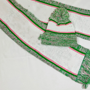 ชุดผ้าพันคอไหมพรมยาวพรีเมียมสีขาว AKA พร้อมหมวกปอมปอมลายทางสีเขียวแอปเปิ้ล 100% อะคริลิก ชุดสำหรับฤดูหนาว - Product Image 5