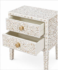 White Bone Inlay Floral Pattern <b>Drawer</b> Storage Cabinet Luxury Bedroom Furniture Handmade Wooden <b>Side</b> <b>Table</b> Bohemian - Product Image 5