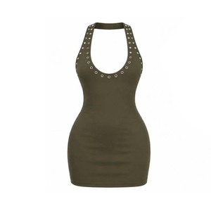 Body moulant vert olive pour femme avec col halter, foulard à nouer, détails rivets, sans manches, extensible, sexy, pour le printemps et l'été - Product Image 2