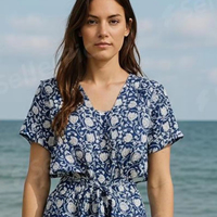 Robe kimono décontractée pour femme, artisanale, écologique, en coton 100% bleu indigo, imprimé au bloc Sanganeri, élégante, à fleurs, col en V, manches 3/4