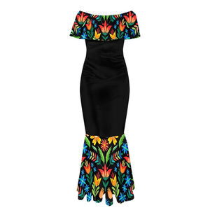 Robe longue mexicaine personnalisée à épaules dénudées, motif floral, style été, sans bretelles, avec manches plissées à volants - Product Image 5