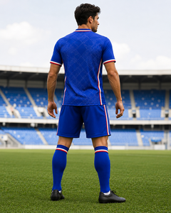 ชุดยูนิฟอร์มฟุตบอลชายแบบกำหนดเอง เสื้อเจอร์ซีย์ กางเกงขาสั้นเอวยางยืด ระบายอากาศ แห้งเร็ว พิมพ์ลายแบบรีดร้อน 100% - Product Image 5
