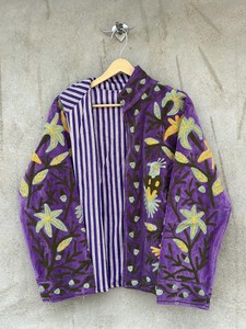 Purple <b>Velvet</b> Suzani Floral Embroidered Boho <b>Coat</b> Festival Statement Outerwear <b>Women's</b> Uzbek Style Jacket Bohemian Winter Blazer - Product Image 1