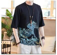 เสื้อยืดลายคลื่นญี่ปุ่นทรงโอเวอร์ไซส์สำหรับผู้ชาย สไตล์อุกิโยเอะ พิมพ์ลายคลื่นใหญ่ สีดำ ผ้าฝ้าย แขนสั้น เสื้อลำลองสำหรับฤดูร้อน - Product Image 2