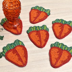 Handmade Beaded Carrot Coasters Orange Red Green Fabric Reusable <b>Bar</b> <b>Mat</b> Cute Style 6 Pack - Product Image 3