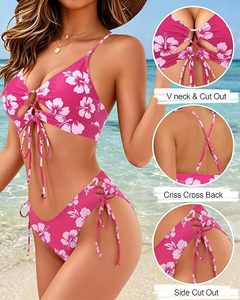 Women's <b>Pink</b> Floral <b>Bikini</b> <b>Set</b> Crossed Halter Tie Front Two Piece Swimwear Side Tie Bottom Stretch Swimwear - Product Image 6