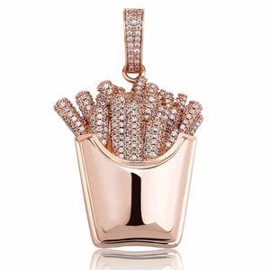 Collier pendentif frites emoji en or rose pour hommes et femmes, hip hop, avec diamants CZ Moissanite, plaqué or et argent, bijou charme emoji - Product Image 3