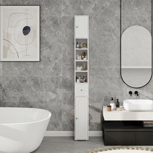 Mobiletto da Bagno Alto e Sottile da 180 cm, Autoportante, con 1 Cassetto, 2 Ante e 4 Ripiani Regolabili Bianchi - Product Image 2