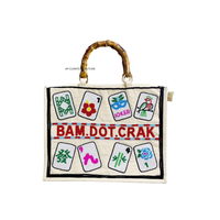 Tas Tote Kanvas Bordir Buatan Tangan Bam Dot Crak Dengan Desain Ubin Mahjong Pegangan Bambu Tas Belanja Wanita Modis
