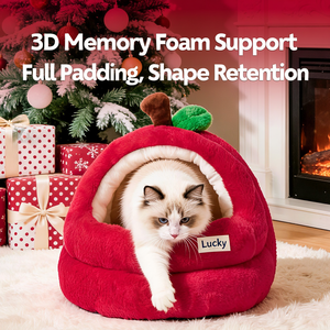 Cama para Gatos en Forma de Manzana, Cueva Cálida de Felpa para Mascotas, Nido Semi-Cerrado para Dormir, para Perros Pequeños, Cachorros y Gatitos, con Cojín Suave Extraíble - Product Image 4