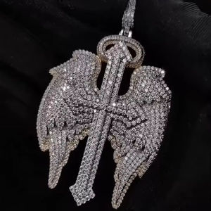 925 Silver Moissanite <b>Angel</b> Wing Cross Pendant Iced Out <b>Charm</b> Jewelry for Men Women Party Gift - Product Image 1