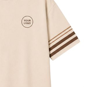 Ensemble décontracté deux pièces beige et marron pour femme : T-shirt oversize et pantalon large avec rayures contrastées - Product Image 2