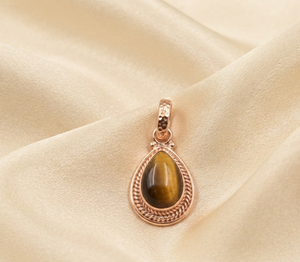 925 Sterling Silver Children's Pear Brown Tiger's Eye Gemstone Pendant Handmade Rope Frame Bezel Charm Rose & Gold Plated Gift - Product Image 4