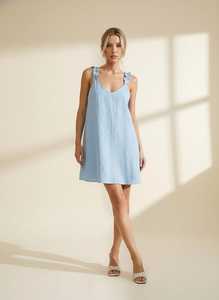 ชุดเดรสผ้าลินินสีฟ้าอ่อนสำหรับผู้หญิง แขนกุด สายรัดระบาย ทรงเอไลน์ ชุดลำลองฤดูร้อน - Product Image 2