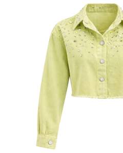 Veste en jean courte pour femme, vert clair personnalisé, avec fermeture boutonnée sur le devant ornée de strass, manches longues, style streetwear tendance - Product Image 4