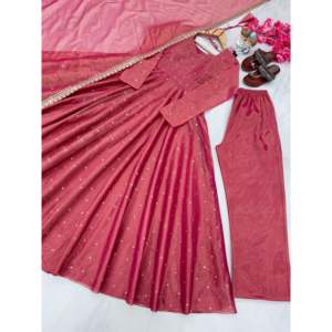 ชุดเดรส Anarkali พร้อมผ้าคลุมไหล่และกางเกง Plazzo สไตล์งานเลี้ยง ทำจากโพลีเอสเตอร์ ประเภทเสื้อผ้าแบบ Salwar Kameez - Product Image 6