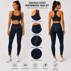 Women’s <b>Navy</b> Blue <b>Gym</b> <b>Set</b> High Waist Leggings Sports Bra Two Piece Activewear Workout Yoga Fitness Running Training Clothing <b>Set</b> - Product Image 2